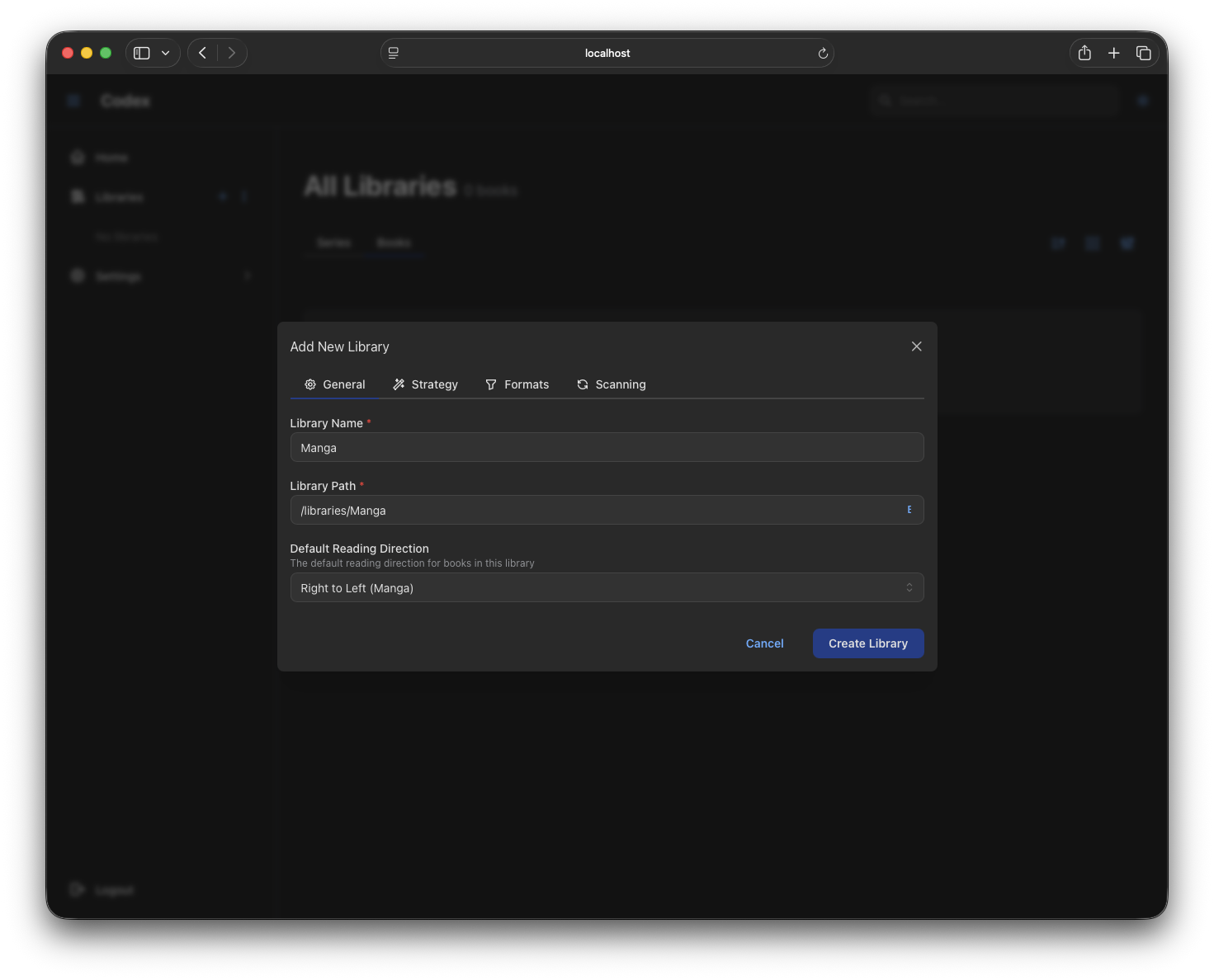 Add Library - Manga Settings