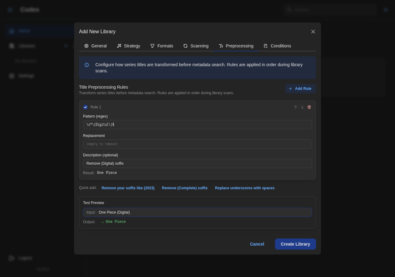 Add Library - Preprocessing Settings