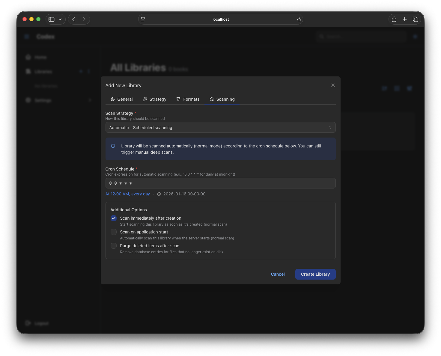 Add Library - Scanning Settings