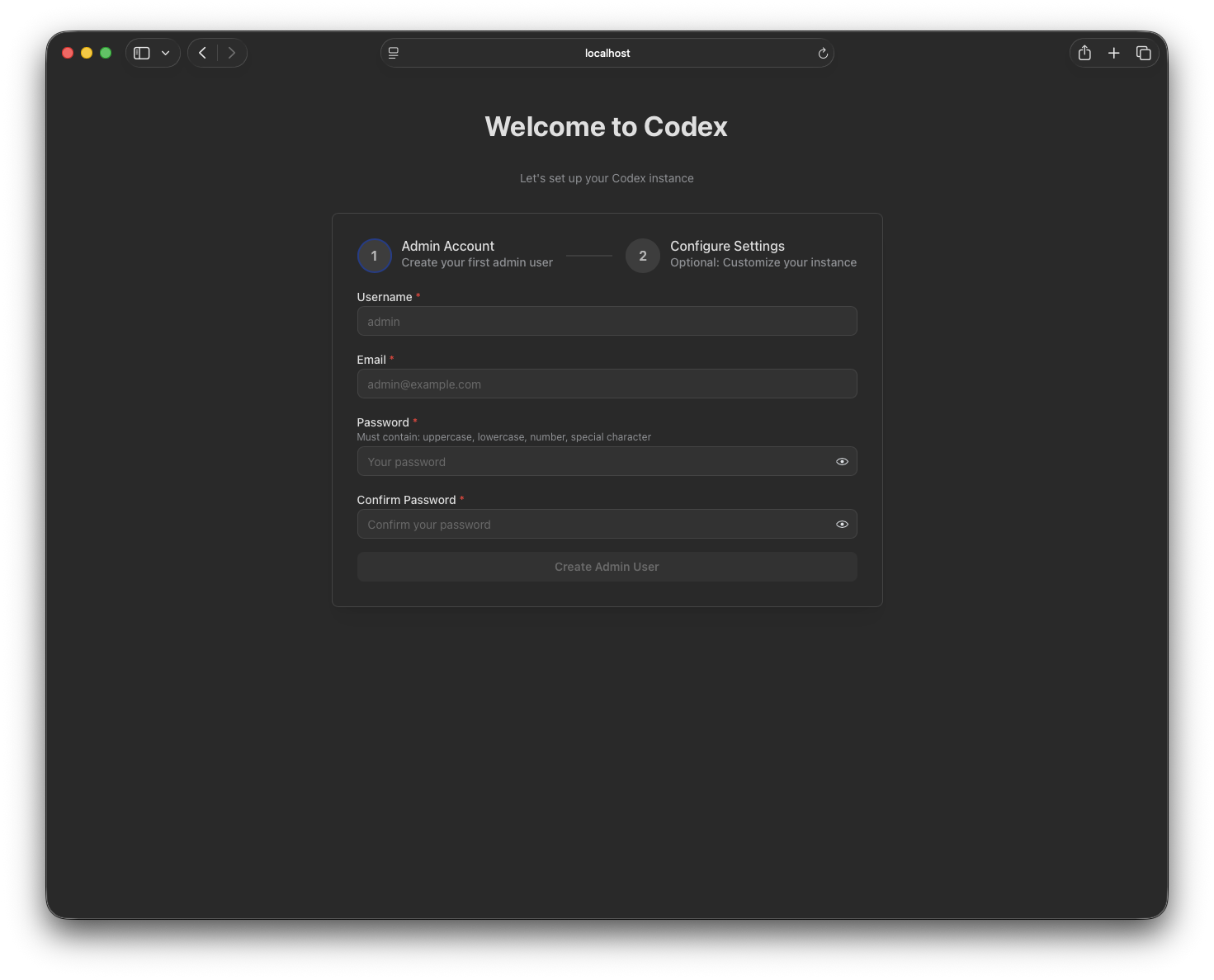 Setup Wizard - Create Admin Account