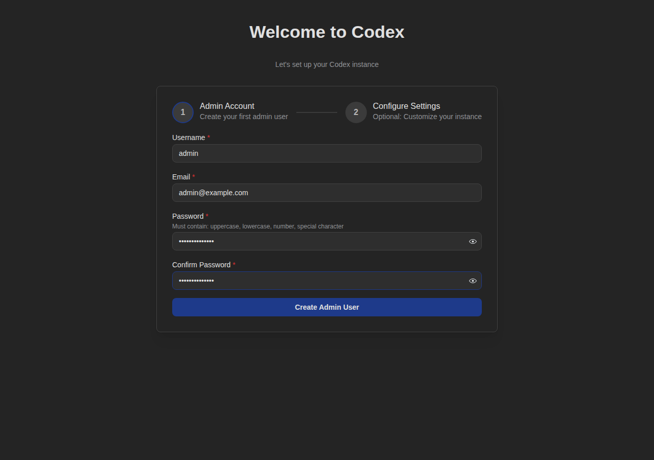 Setup Wizard - Create Admin Account